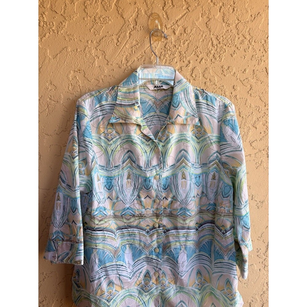 Alia Sz 12 Pastel Teal Yellow White Button Up Women's Mod Career Textured Blouse